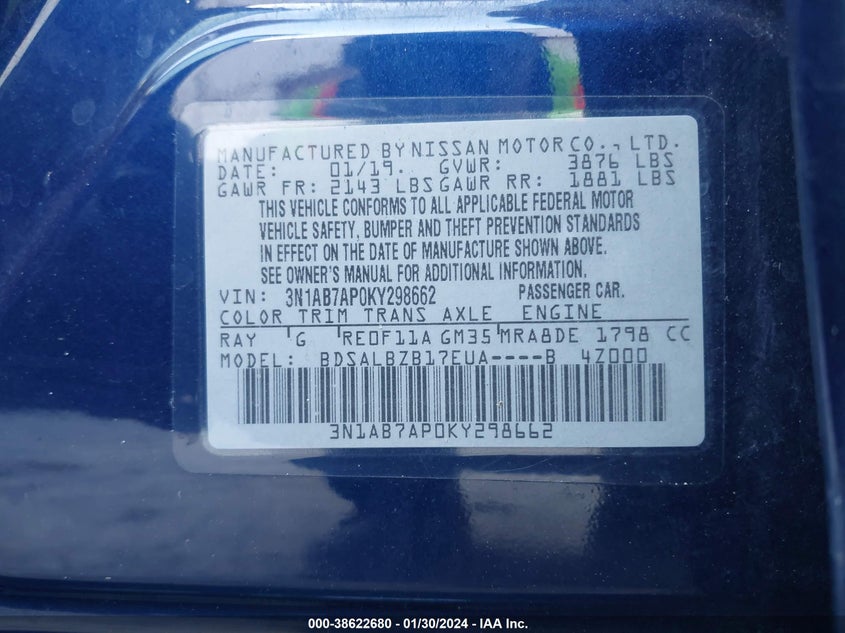 VIN 3N1AB7AP0KY298662 2019 NISSAN SENTRA S/SV/SR/SL