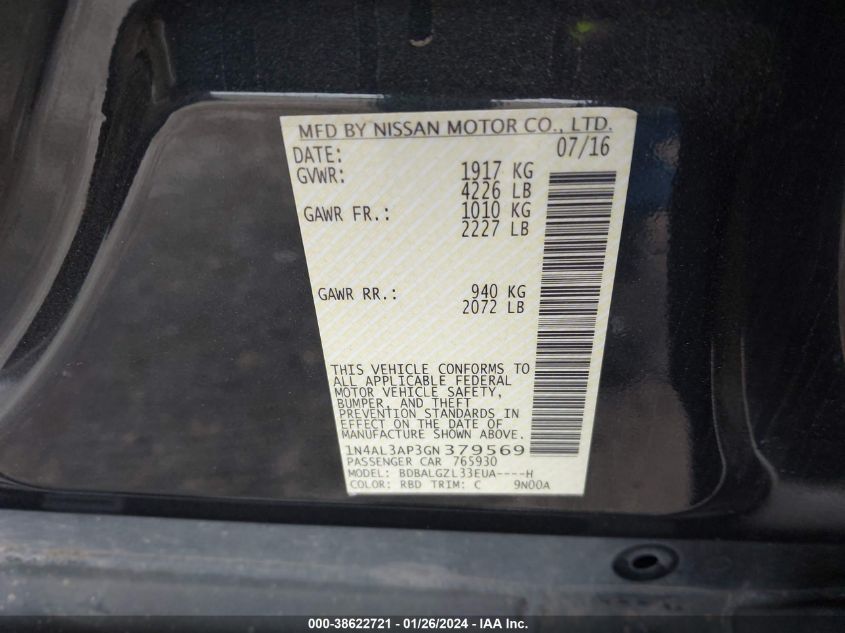 2016 NISSAN ALTIMA 2.5 S - 1N4AL3AP3GN379569