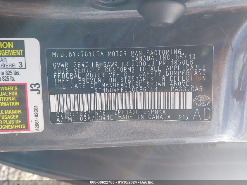 2013 TOYOTA COROLLA LE - 2T1BU4EE9DC096151