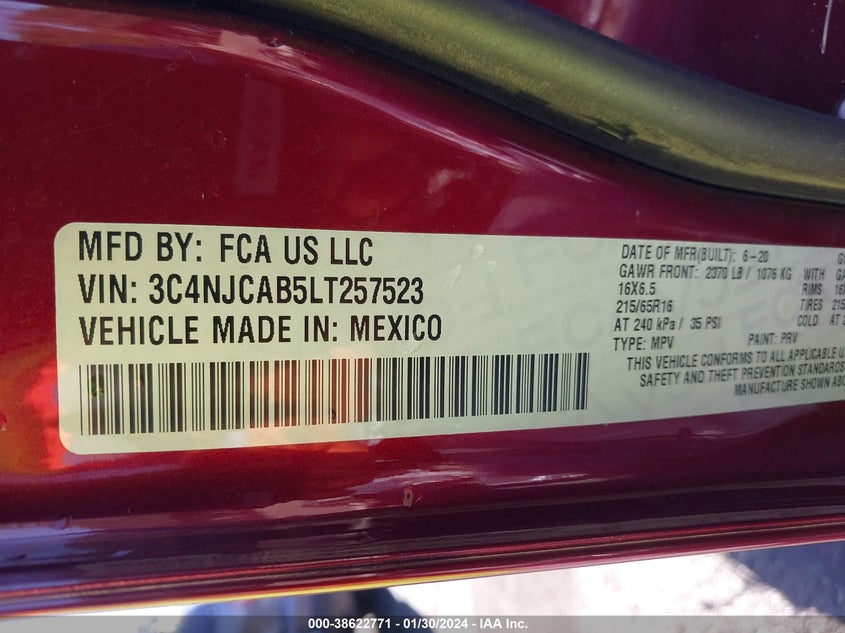 VIN 3C4NJCAB5LT257523 2020 JEEP COMPASS SPORT FWD
