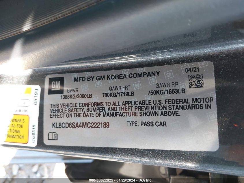 2021 CHEVROLET SPARK FWD 1LT AUTOMATIC - KL8CD6SA4MC222189