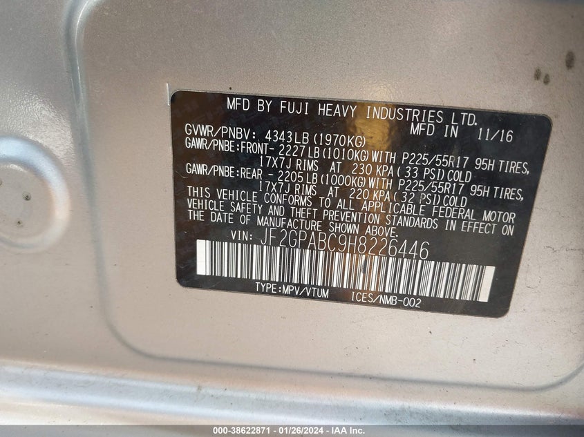 VIN JF2GPABC9H8226446 2017 SUBARU CROSSTREK 2.0I PREMIUM