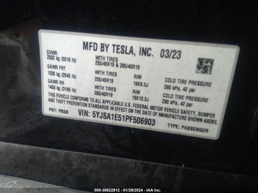 2023 TESLA MODEL S DUAL MOTOR ALL-WHEEL DRIVE/STANDARD RANGE - 5YJSA1E51PF506903