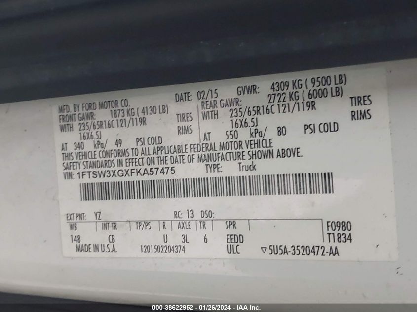 2015 FORD TRANSIT T-350 1FTSW3XGXFKA57475