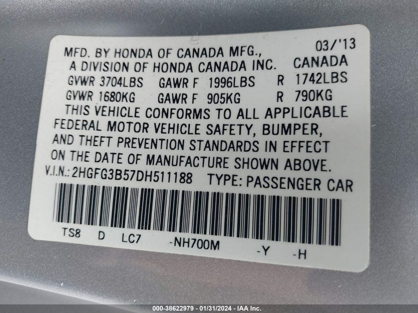 2013 HONDA CIVIC LX - 2HGFG3B57DH511188