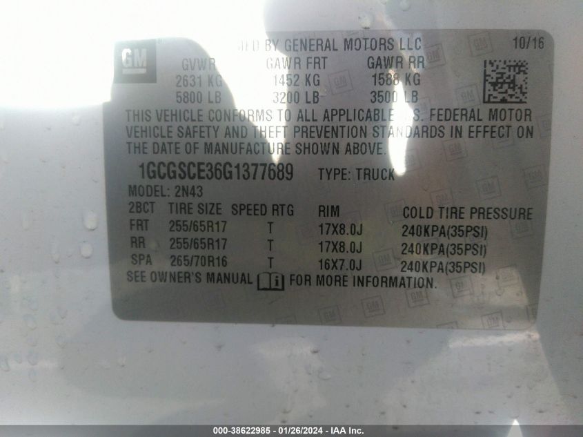 2016 CHEVROLET COLORADO LT - 1GCGSCE36G1377689