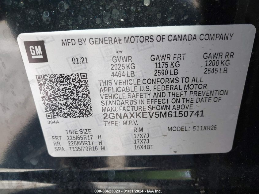 2021 CHEVROLET EQUINOX LT - 2GNAXKEV5M6150741