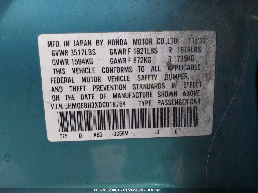 2013 HONDA FIT - JHMGE8H3XDC018764