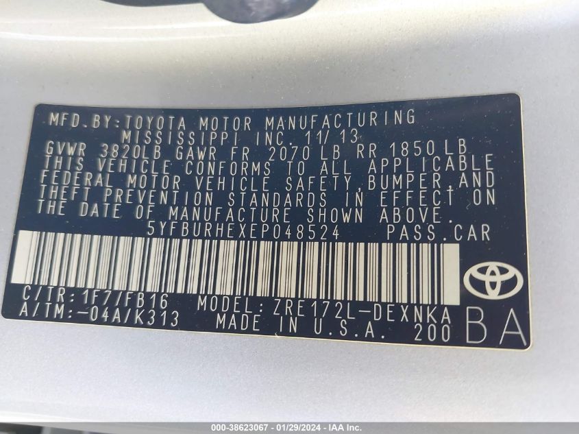 2014 TOYOTA COROLLA LE PLUS - 5YFBURHEXEP048524