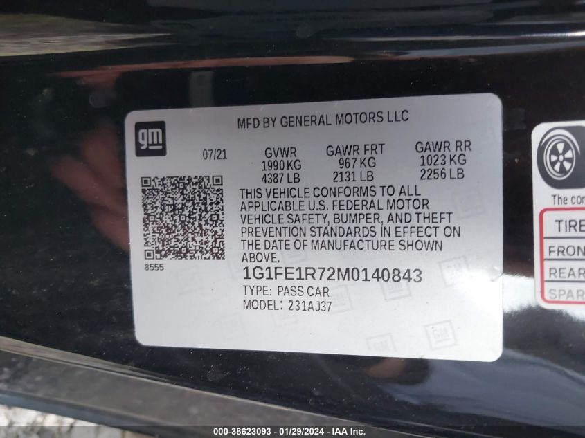 2021 CHEVROLET CAMARO RWD  LT1 - 1G1FE1R72M0140843