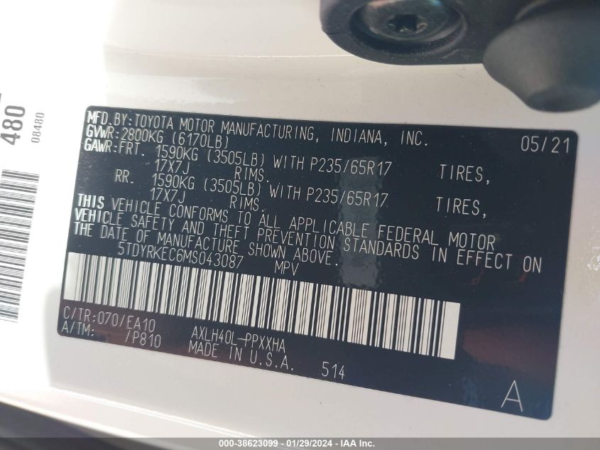 2021 TOYOTA SIENNA XLE - 5TDYRKEC6MS043087