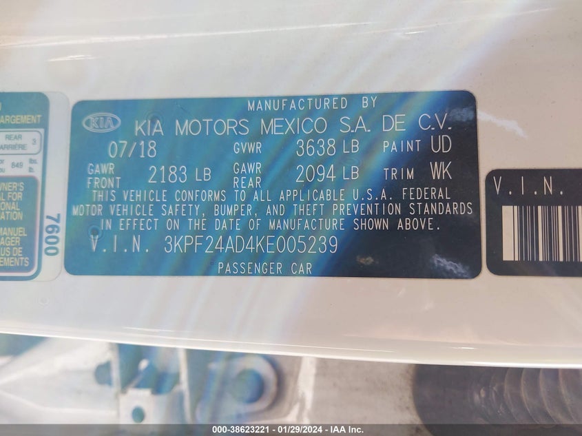 VIN 3KPF24AD4KE005239 2019 KIA FORTE FE