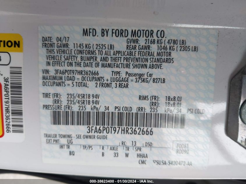 2017 FORD FUSION SE - 3FA6P0T97HR362666