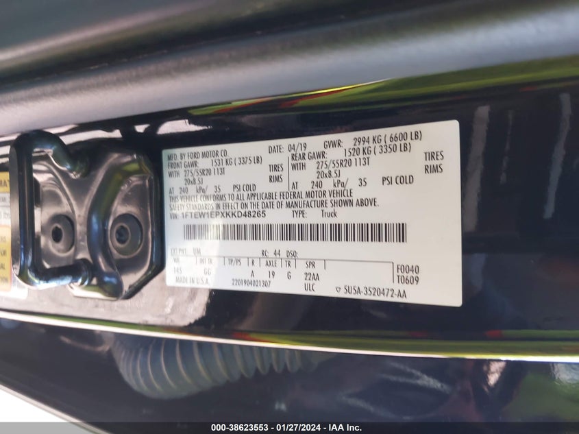 VIN 1FTEW1EPXKKD48265 2019 FORD F150 SUPERCREW