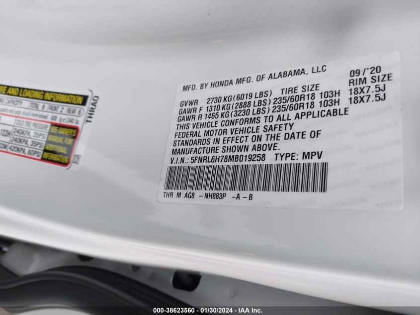 2021 HONDA ODYSSEY EX-L - 5FNRL6H78MB019258