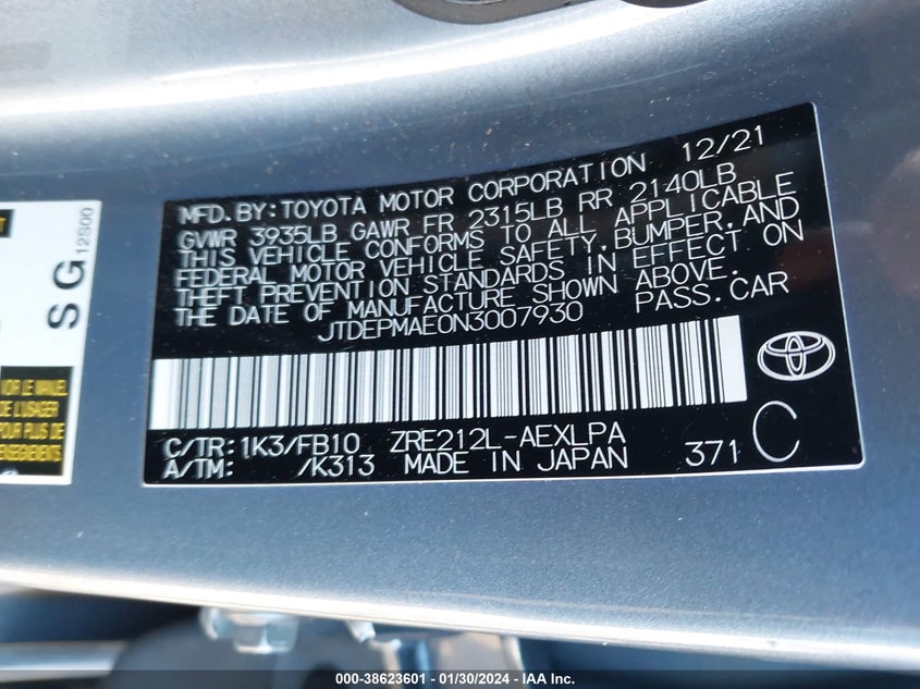 VIN JTDEPMAE0N3007930 2022 TOYOTA COROLLA LE