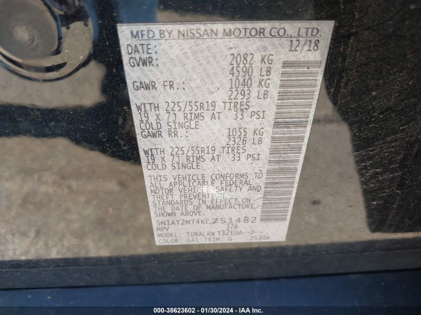 2019 NISSAN ROGUE SL - 5N1AT2MT4KC751482