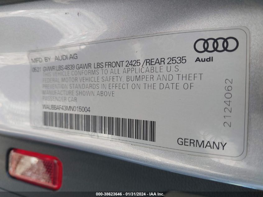 2021 AUDI A4 PREMIUM PLUS 40 - WAUBBAF43MN015004