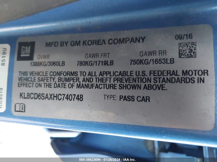VIN KL8CD6SAXHC740748 2017 CHEVROLET SPARK 1LT CVT