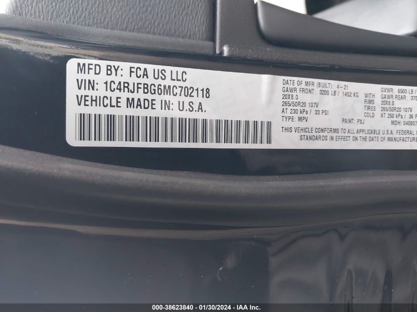 2021 JEEP GRAND CHEROKEE LIMITED - 1C4RJFBG6MC702118