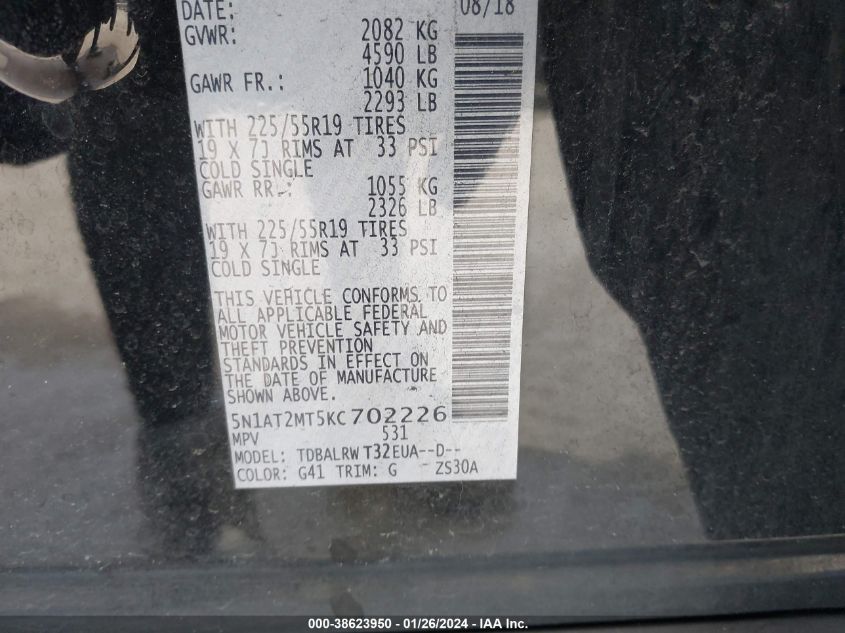 2019 NISSAN ROGUE SL - 5N1AT2MT5KC702226