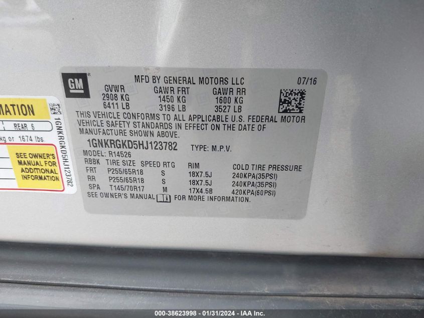 2017 CHEVROLET TRAVERSE LT - 1GNKRGKD5HJ123782