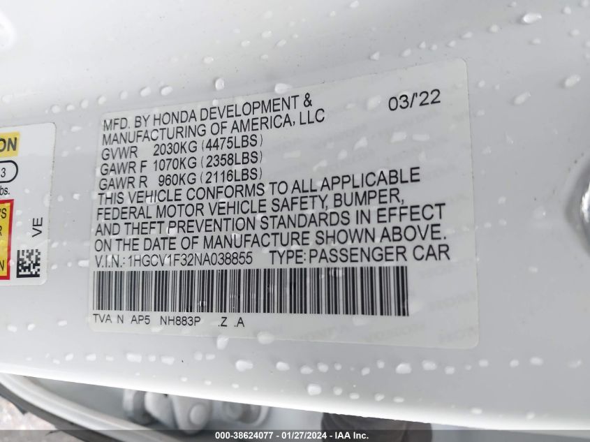 2022 HONDA ACCORD SPORT - 1HGCV1F32NA038855