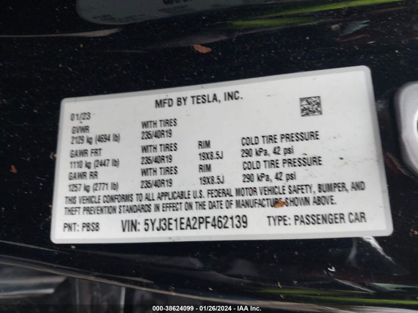 2023 TESLA MODEL 3 REAR-WHEEL DRIVE - 5YJ3E1EA2PF462139