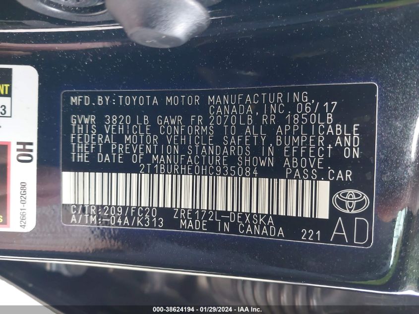 2017 TOYOTA COROLLA SE - 2T1BURHE0HC935084