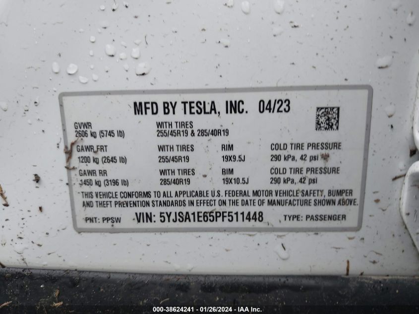 2023 TESLA MODEL S PLAID TRI MOTOR ALL-WHEEL DRIVE - 5YJSA1E65PF511448