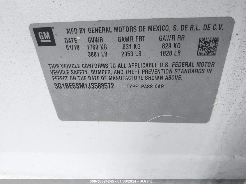 VIN 3G1BE6SM1JS588572 2018 CHEVROLET CRUZE LT