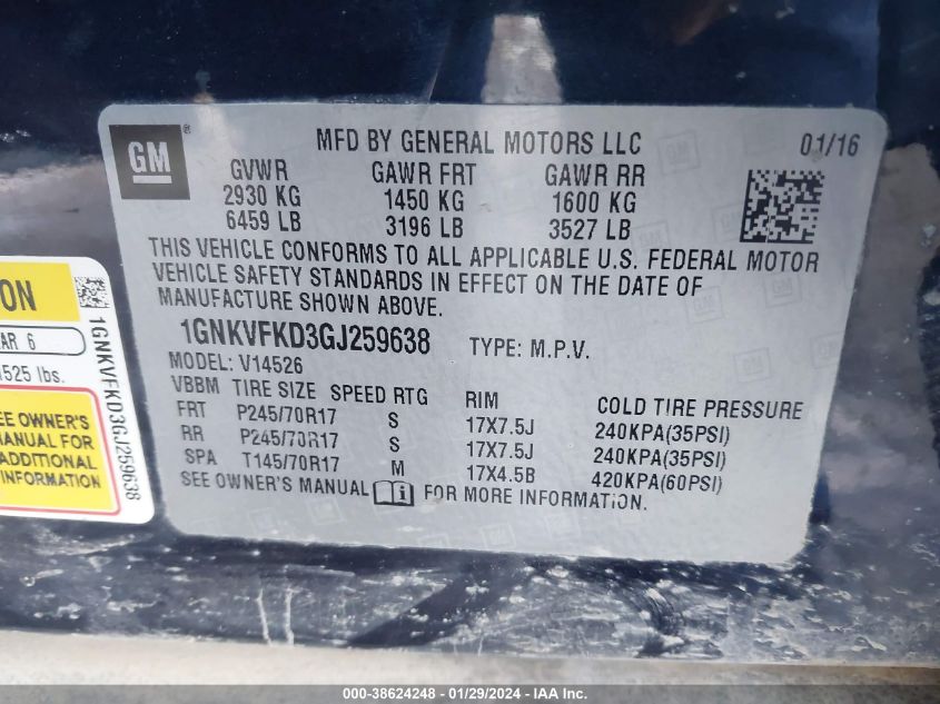2016 CHEVROLET TRAVERSE LS - 1GNKVFKD3GJ259638