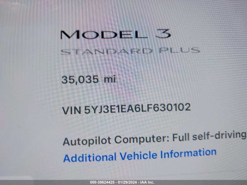 2020 TESLA MODEL 3 STANDARD RANGE PLUS REAR-WHEEL DRIVE/STANDARD RANGE REAR-WHEEL DRIVE - 5YJ3E1EA6LF630102