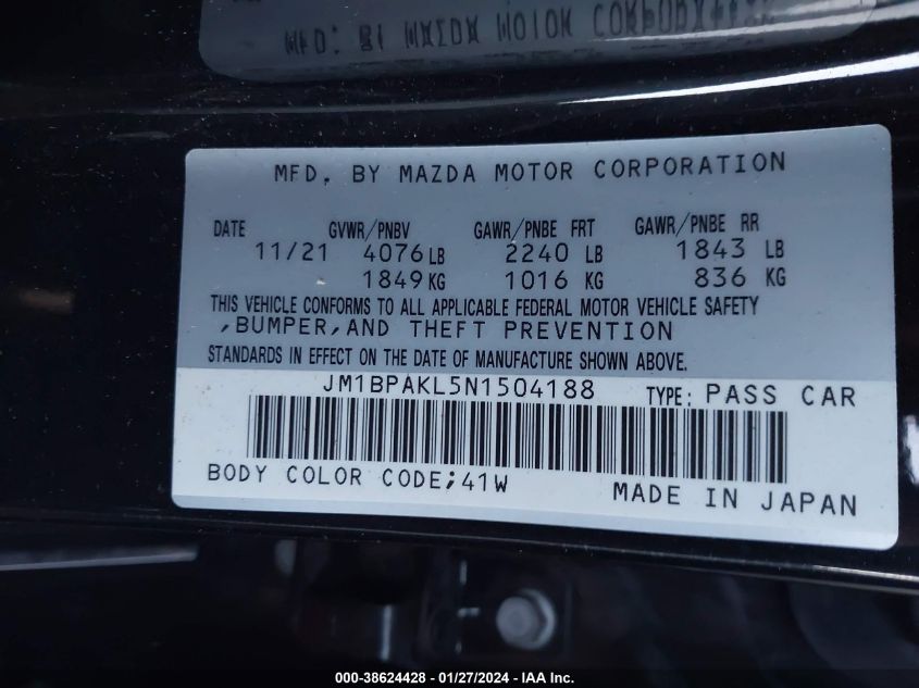 2022 MAZDA 3 SELECT JM1BPAKL5N1504188