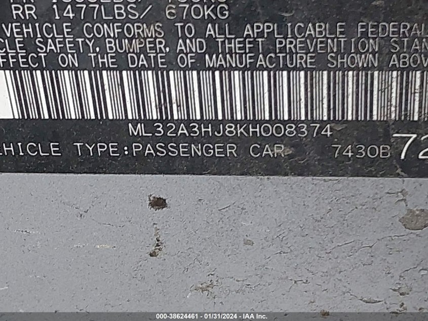 VIN ML32A3HJ8KH008374 2019 MITSUBISHI MIRAGE RF