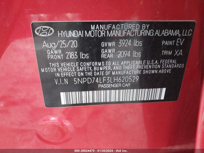 VIN 5NPD74LF3LH620529 2020 HYUNDAI ELANTRA SE