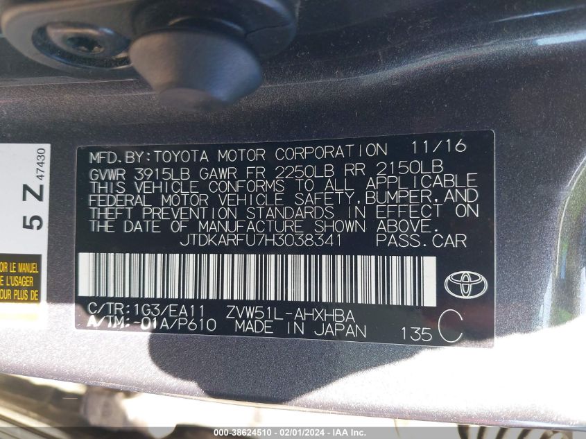 2017 TOYOTA PRIUS THREE TOURING - JTDKARFU7H3038341