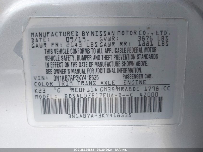 2019 NISSAN SENTRA SV - 3N1AB7AP3KY418535