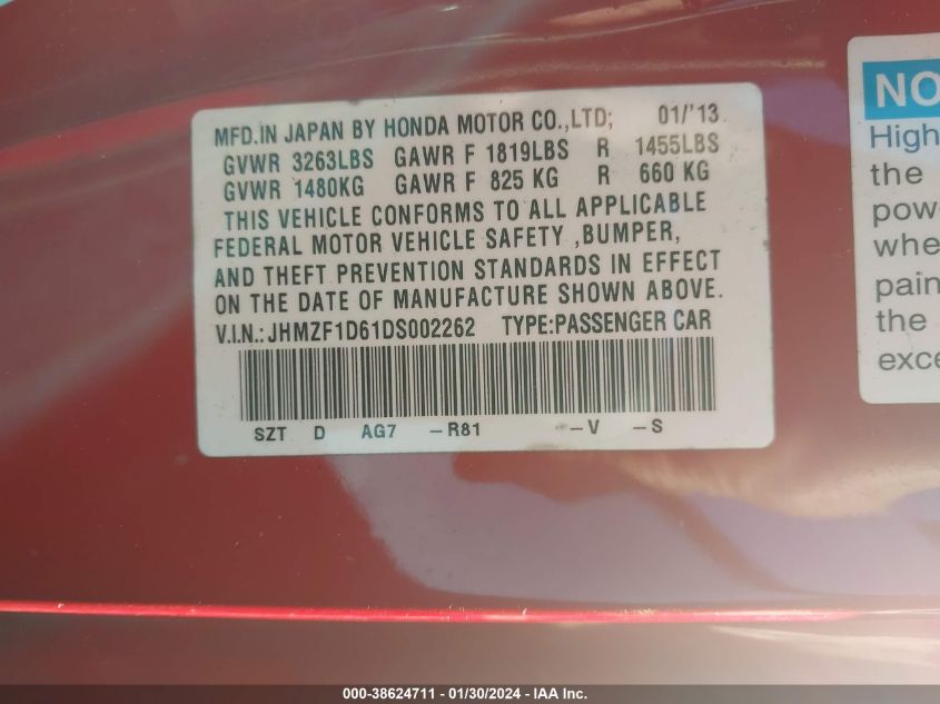 2013 HONDA CR-Z EX - JHMZF1D61DS002262
