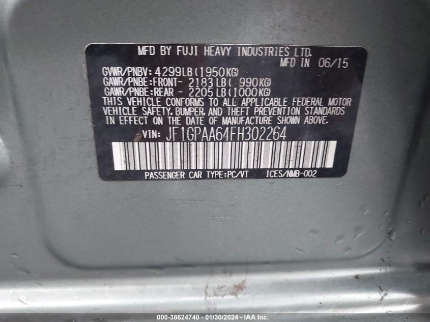 2015 SUBARU IMPREZA 2.0I - JF1GPAA64FH302264