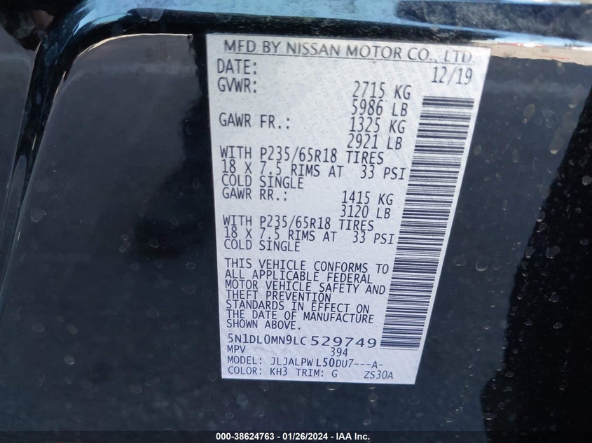 VIN 5N1DL0MN9LC529749 2020 INFINITI QX60 LUXE/PURE/SPECIAL EDITION