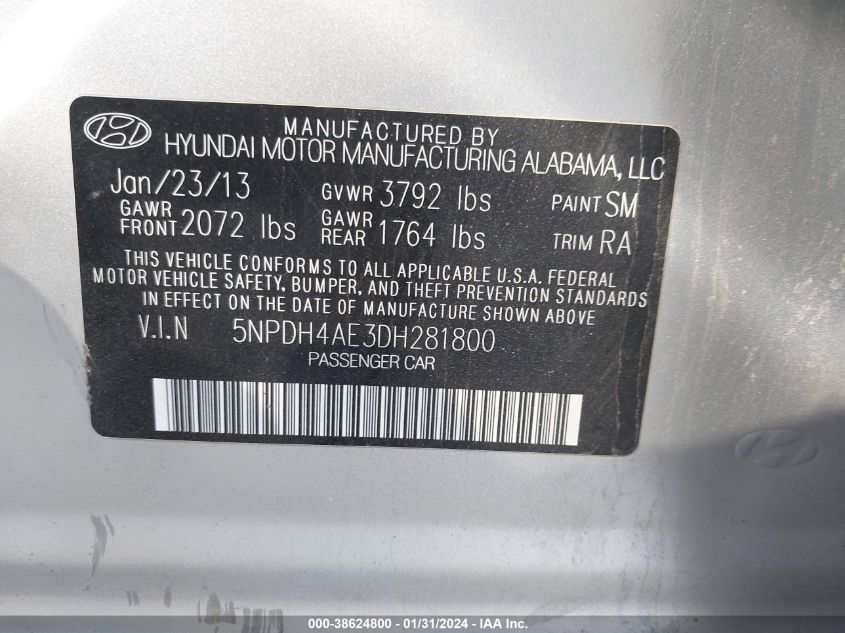 2013 HYUNDAI ELANTRA GLS/LIMITED - 5NPDH4AE3DH281800