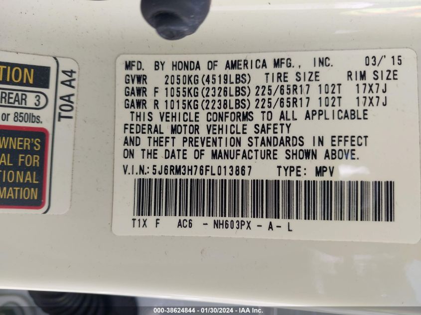 2015 HONDA CR-V EX-L - 5J6RM3H76FL013867