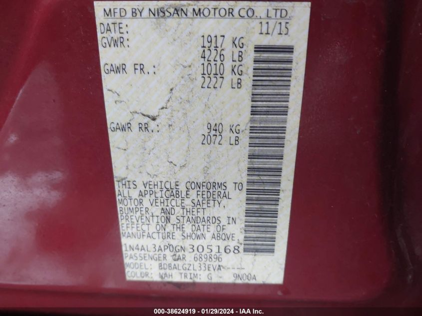 2016 NISSAN ALTIMA 2.5/2.5 S/2.5 SL/2.5 SR/2.5 SV - 1N4AL3AP0GN305168