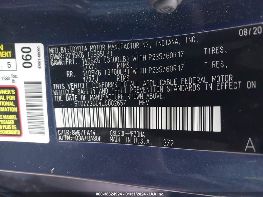 VIN 5TDZZ3DC4LS082657 2020 TOYOTA SIENNA L