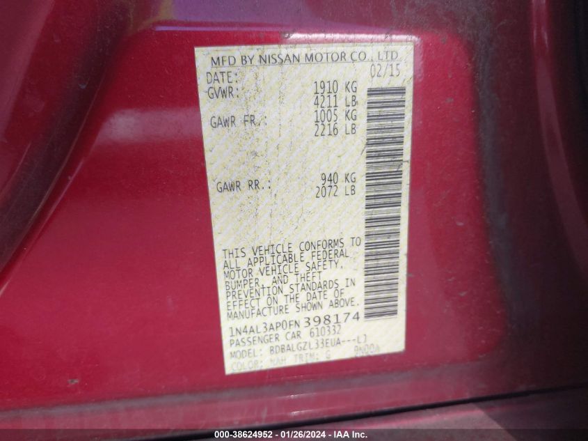 2015 NISSAN ALTIMA 2.5 S - 1N4AL3AP0FN398174