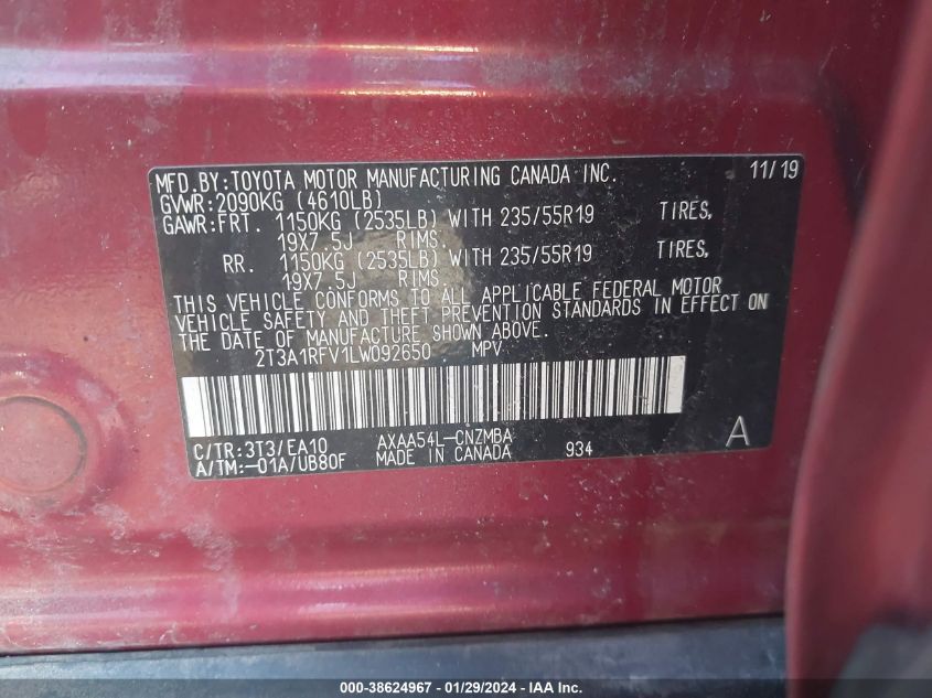 2020 TOYOTA RAV4 XLE PREMIUM - 2T3A1RFV1LW092650