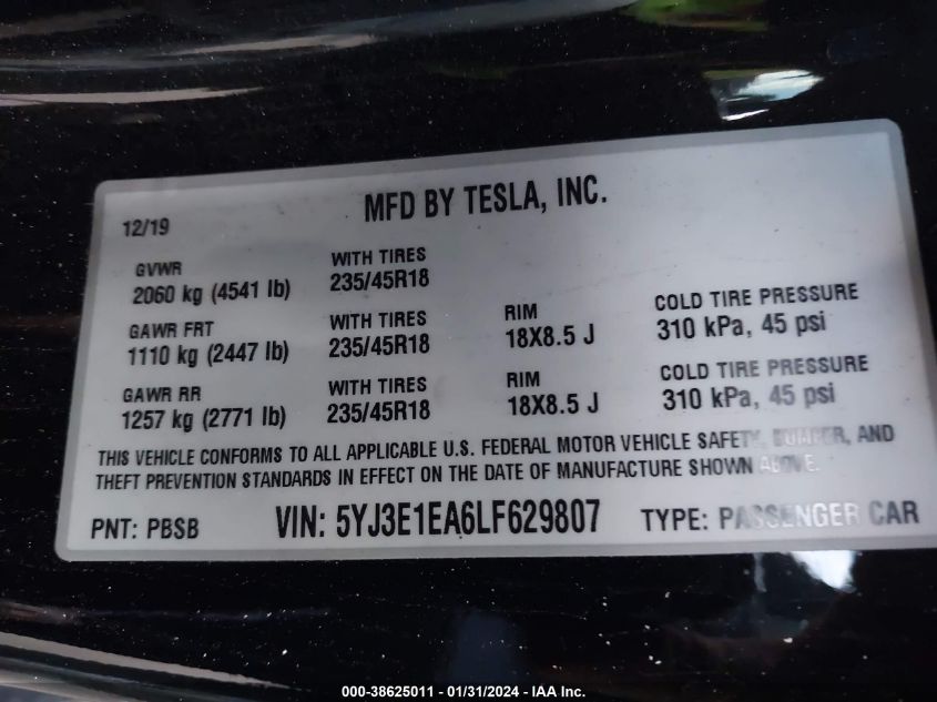 2020 TESLA MODEL 3 STANDARD RANGE PLUS REAR-WHEEL DRIVE/STANDARD RANGE REAR-WHEEL DRIVE - 5YJ3E1EA6LF629807