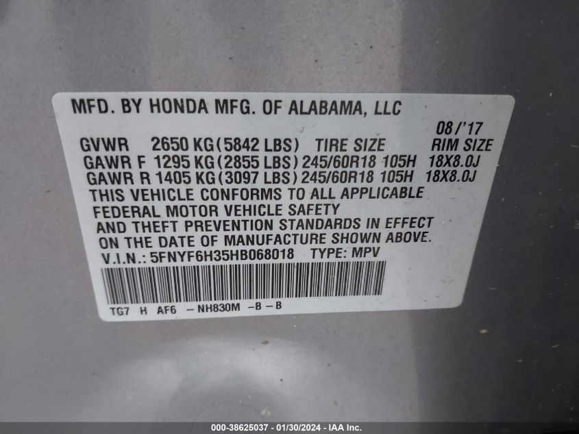 2017 HONDA PILOT EX - 5FNYF6H35HB068018