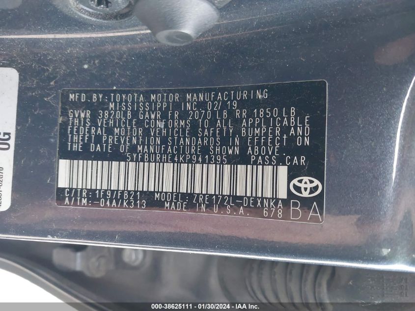 2019 TOYOTA COROLLA LE - 5YFBURHE4KP941395
